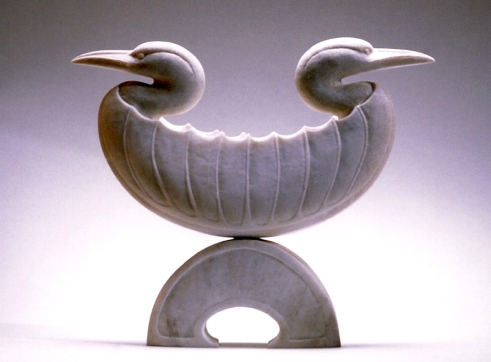 'Double-Shelled Bird, Outward Facing' (carved and assembled moose antler) by Maureen Morris