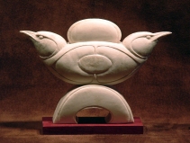 'Two Chickadees with Disk' (carved and assembled moose antler) by Maureen Morris