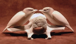 'Two Starlings on a Vertebra' (carved caribou antler and bone) by Maureen Morris